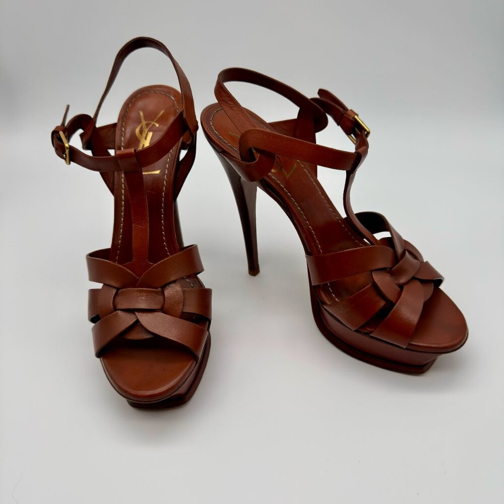 Saint Laurent YSL Tribute Brown Leather Platform Sandals Size 37 US 7 - Picture 3 of 8